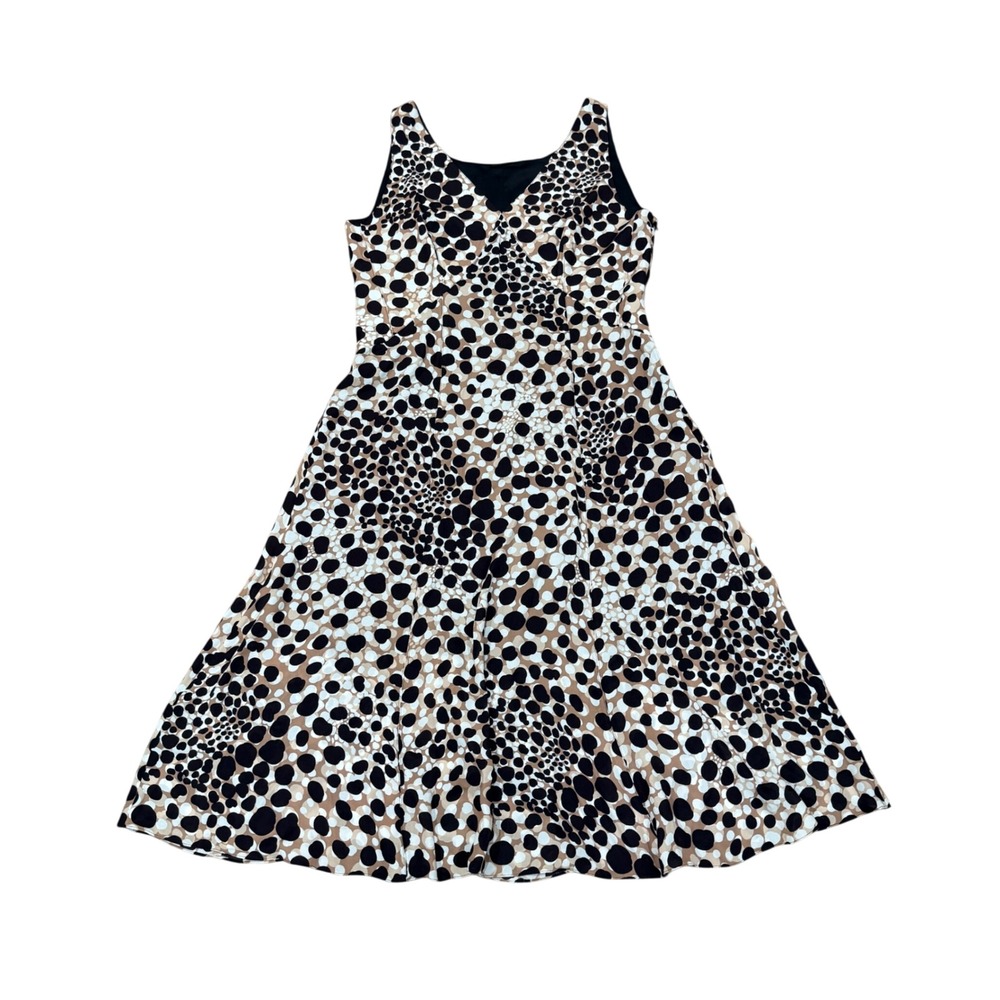 Elie Tahari Olive Silk Midi Dress 14 Black Tan Geometric Dot Cocktail Work